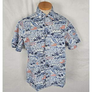 Campia Moda Shirt Men's L Blue Red White Flag Hawaiian Button Down Short Sleeve